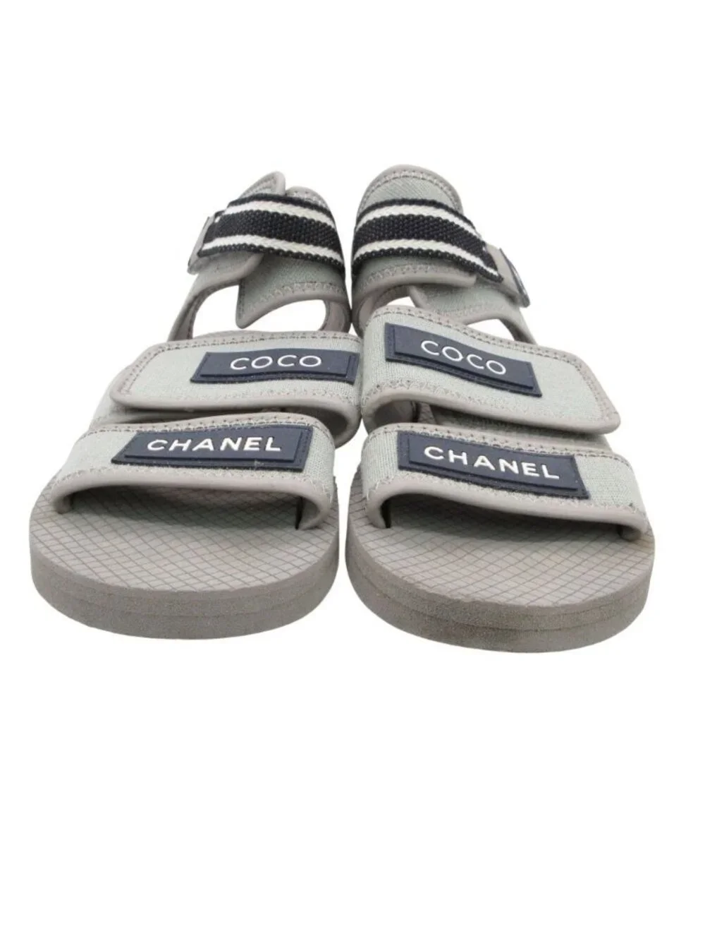 Chanel Sandals Coco Logo Velcro Nylon Canvas Urethane Flat Belt Shoes Gray
